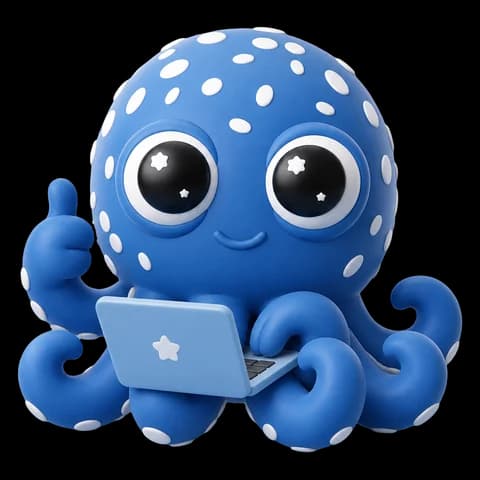 Otto the octopus typing on a laptop and giving a thumbs up