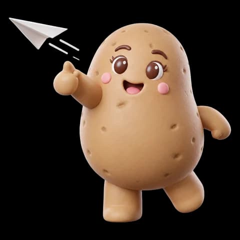 Madame Patate, a potato, throwing a paper airplane