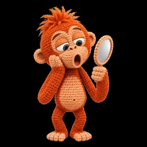 Mango, a knitted orangutan, pulling a surprised face in a hand mirror